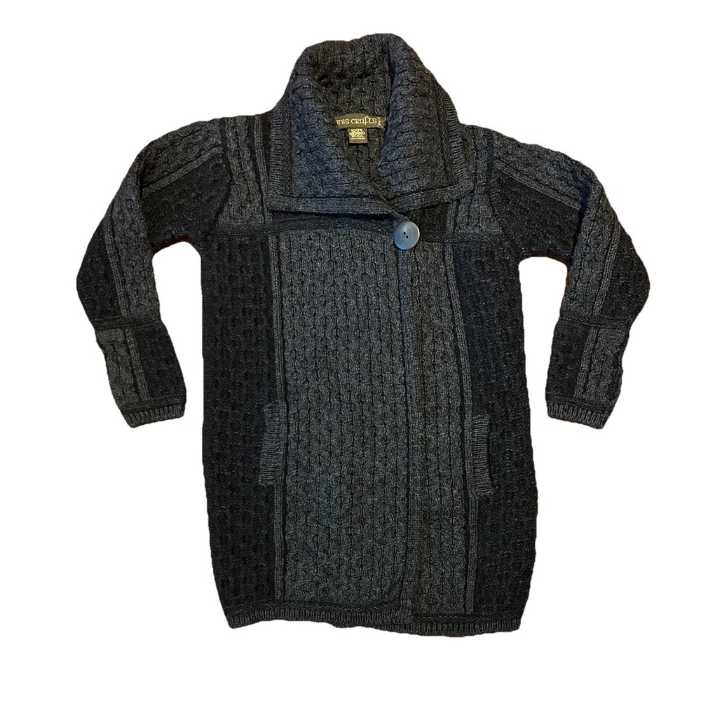 Vtg Inis Crafts Cable Knit Cardigan Sweater Sz Small‎ Gray Merino Wool Fisherman